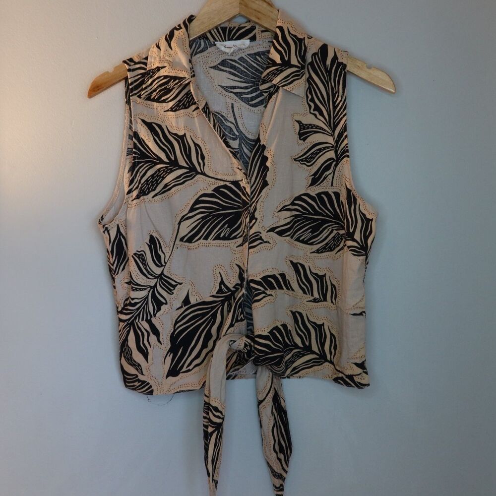 Panama Jack Tie-front Sleeveless Shirt Womens L Beige Floral Linen Tie Front
